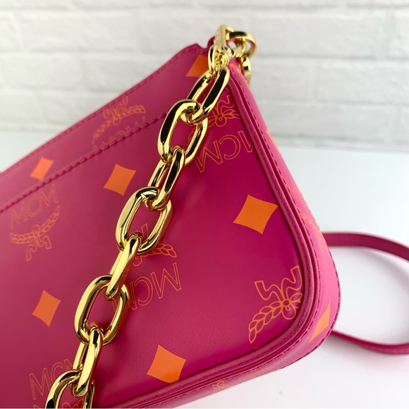 MCM Visetos Mini Zip Pouch Splash Logo Crossbody Bag Pink $650 - Picture 13 of 15
